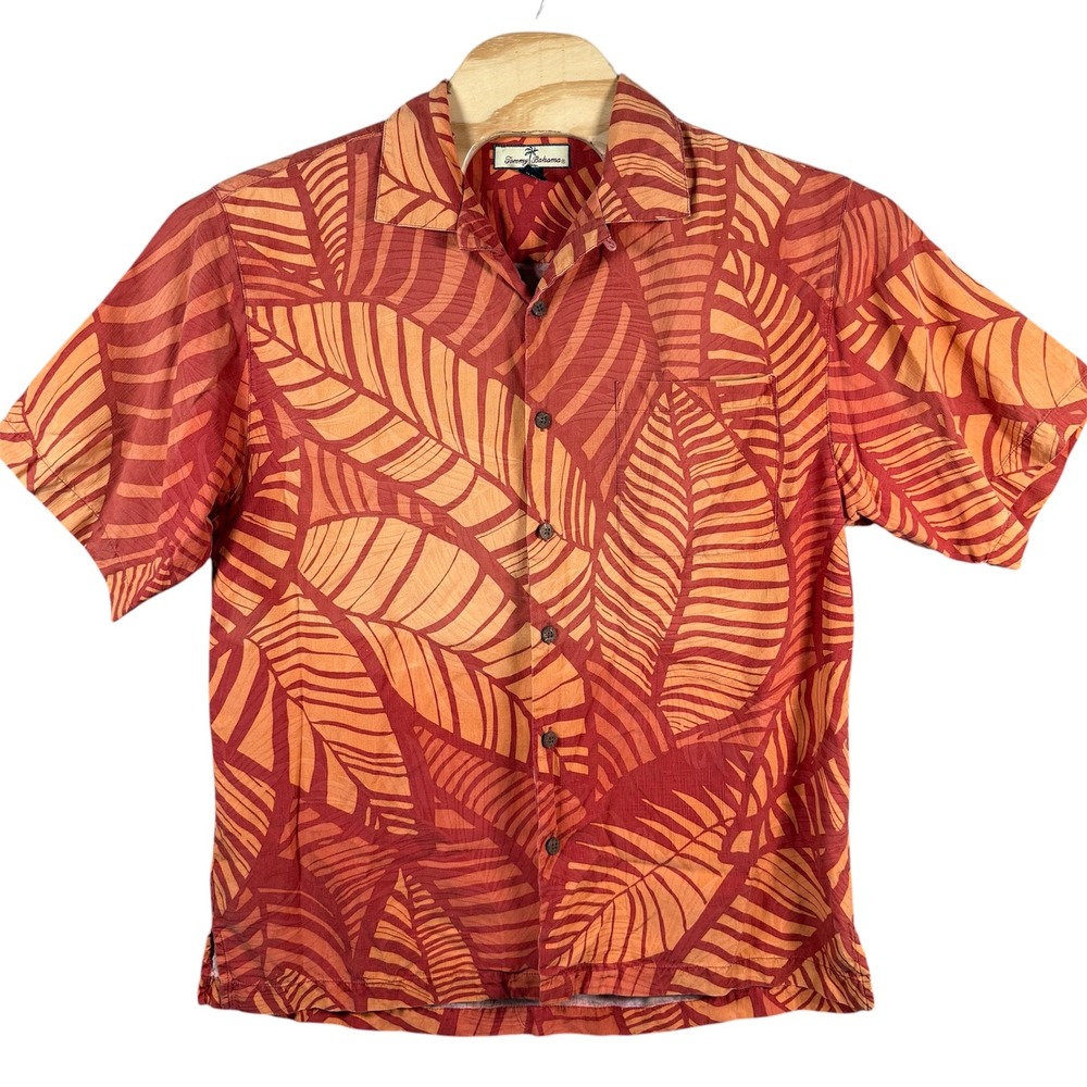 Tommy Bahama Silk Button Up Shirt Men Medium Orange Red Leaf Tropical Camp Aloha